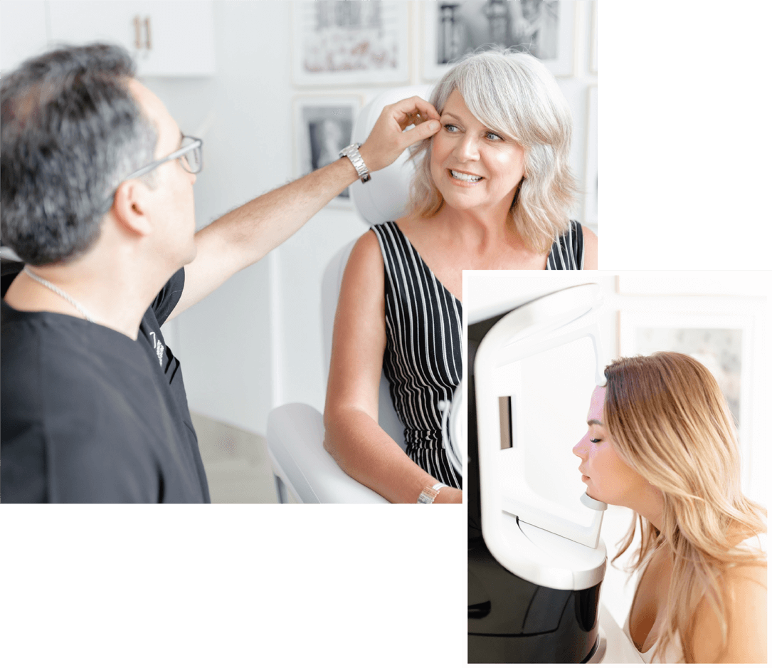 Collage of professional skin consultation with Dr. Maleki examining a smiling female patient, and a younger woman undergoing a skin analysis scan with a Visia imaging device