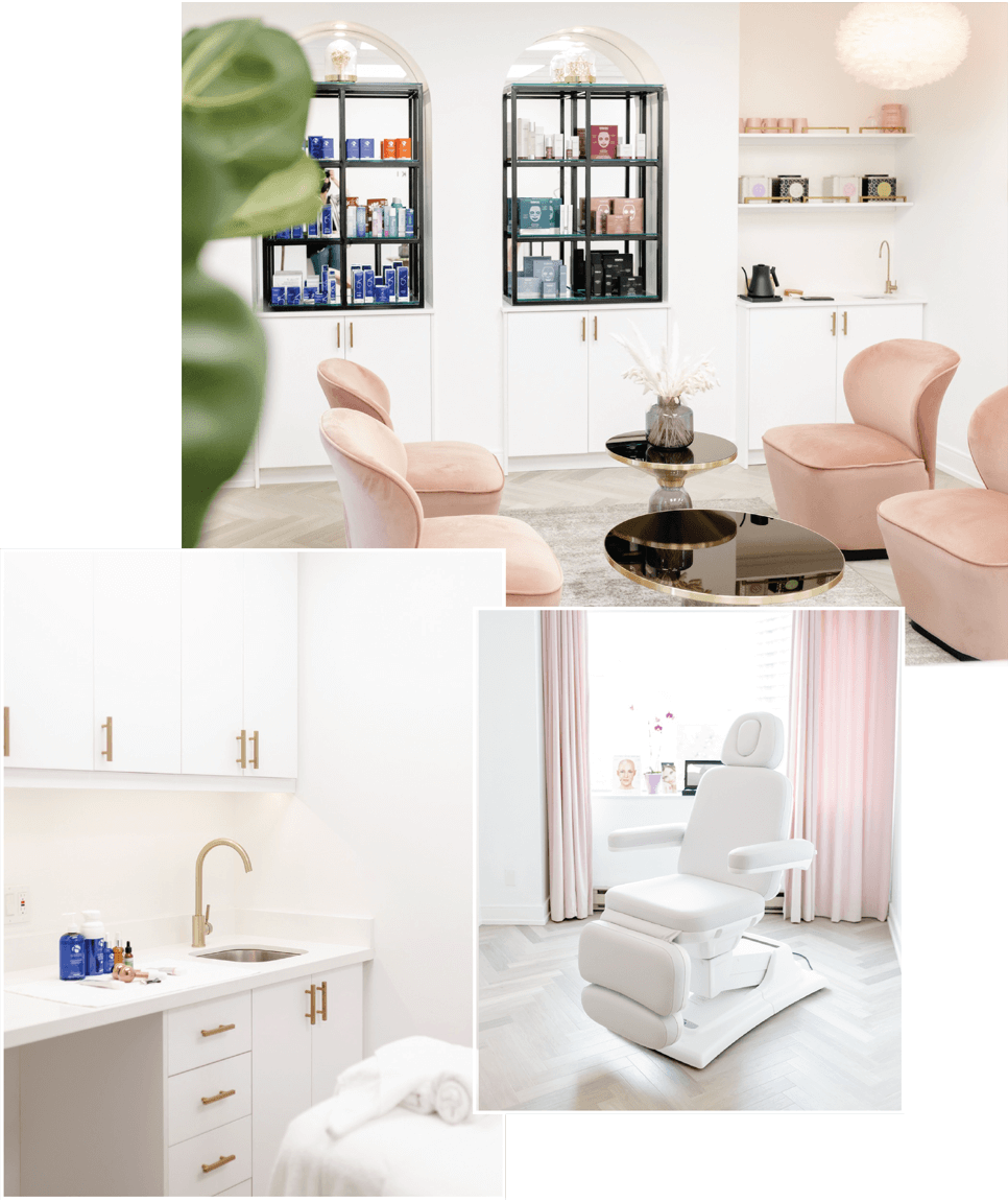 Collage showcasing Dr. Babak Maleki's aesthetic clinic interior, including luxury waiting lounge, treatment chair, and skincare preparation area