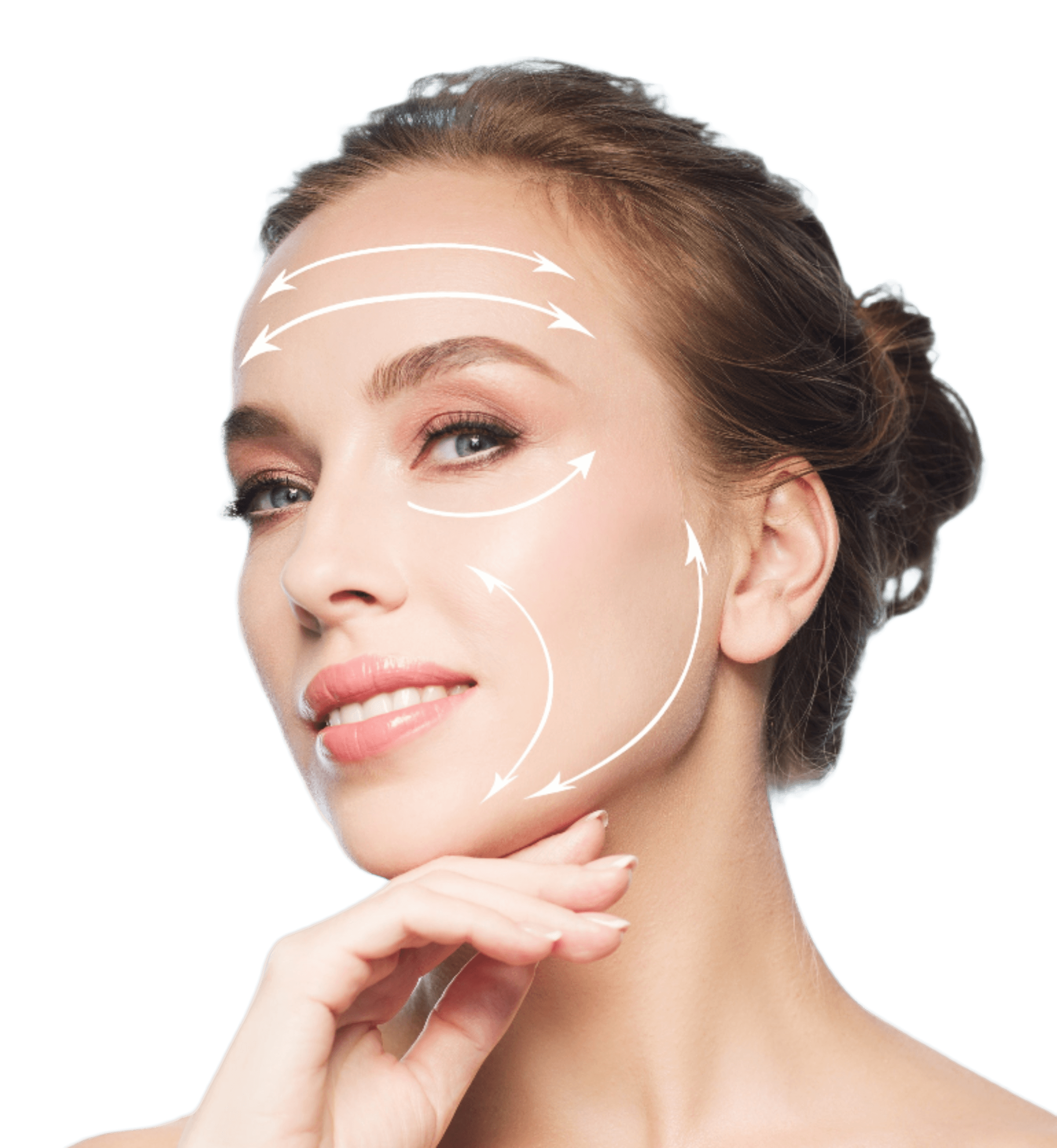 Woman’s face with aesthetic contour arrows showing facial lifting and rejuvenation zones