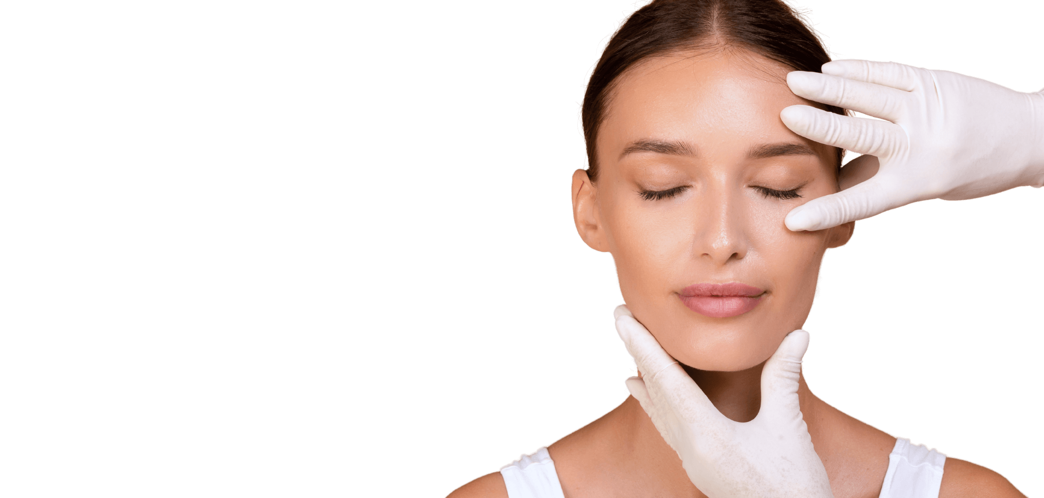 Woman with eyes closed being examined by gloved hands during a facial aesthetic consultation, symbolizing precision and care in cosmetic treatments