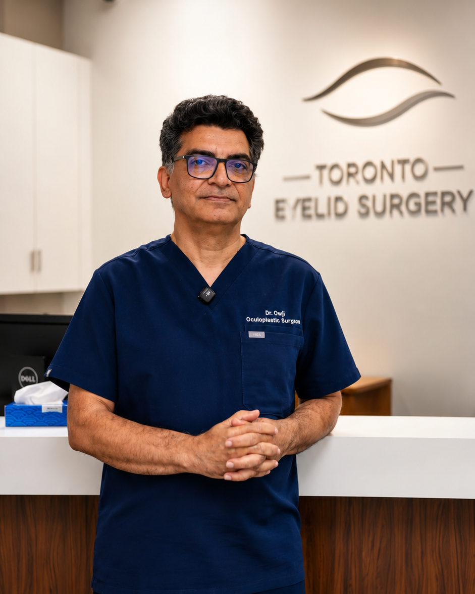 A man wearing dark blue medical scrubs stands behind a reception desk in an office setting, with the text 'TORONTO EVELID SURGERY' visible on the wall behind him.